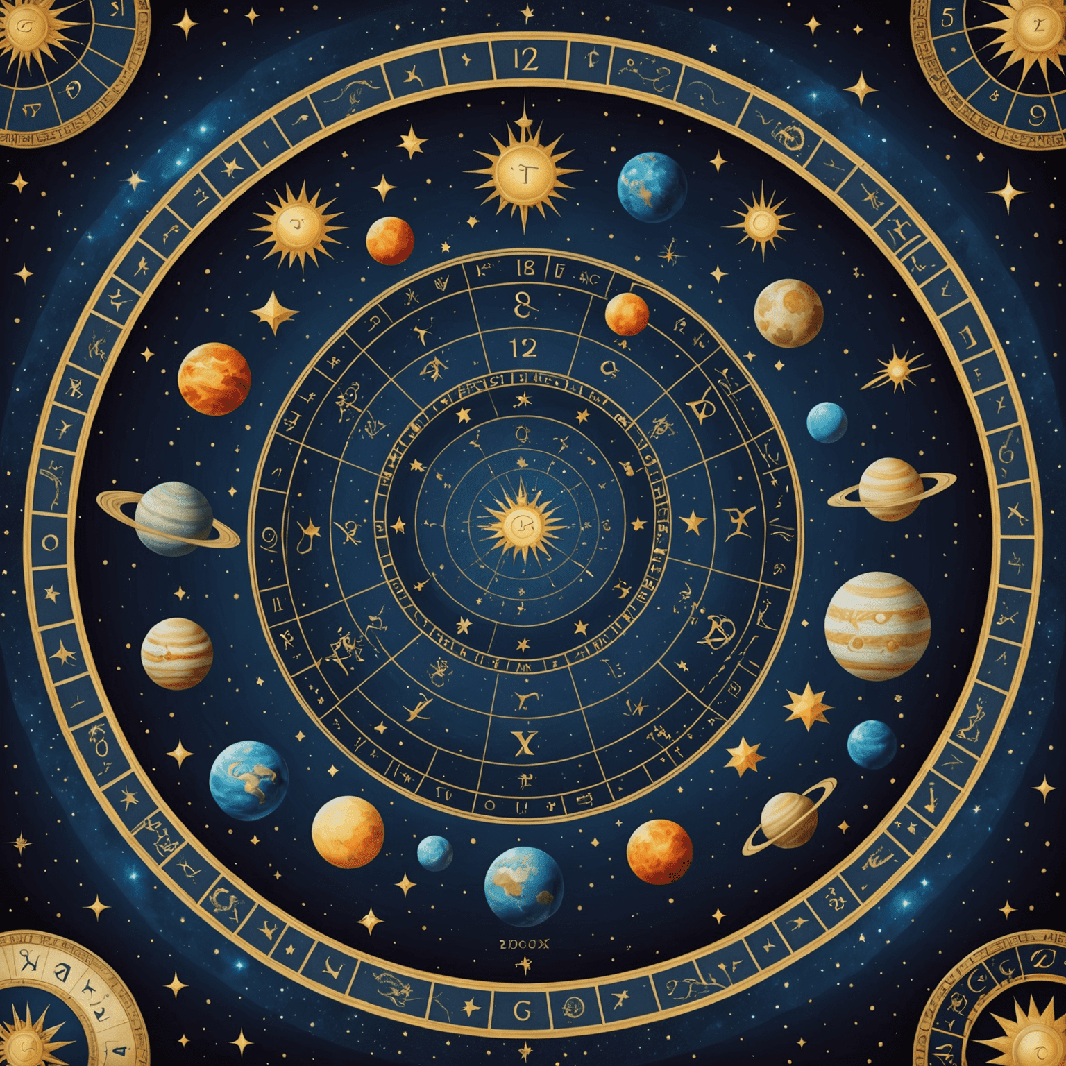 Ein mystisches Bild, das Sternzeichen, Tarotkarten und Planeten in einer spiralförmigen Anordnung zeigt, umgeben von einem dunkelblauen, sternenbesetzten Hintergrund