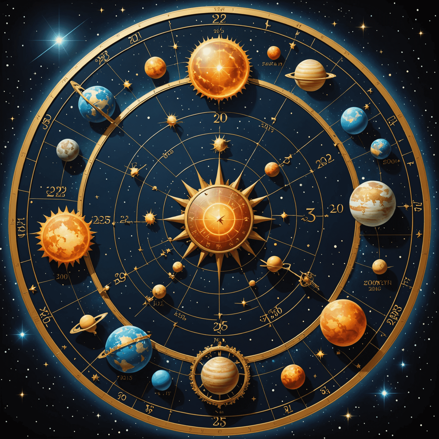 Ein Bild, das wichtige astrologische Ereignisse des Jahres 2025 mit Planetenkonstellationen und Sternzeichen darstellt